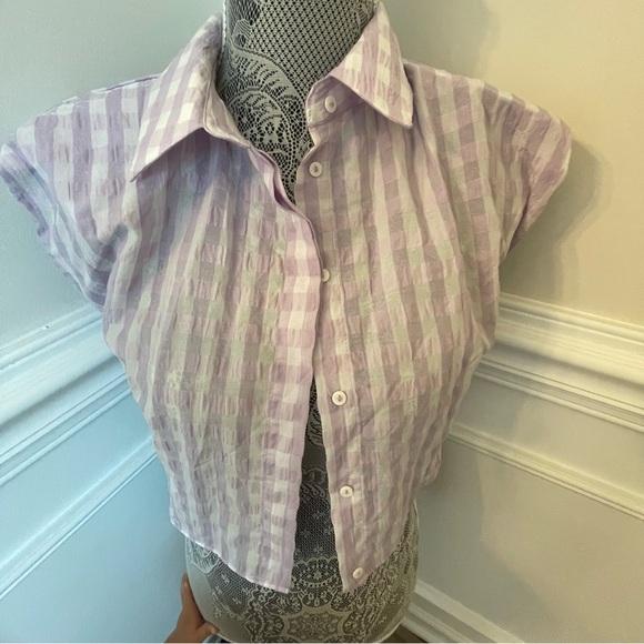Zara Shoulder Pad Poplin Shirt Button Front Purple Gingham Plaid Cropped Xs New - Picture 1 of 2